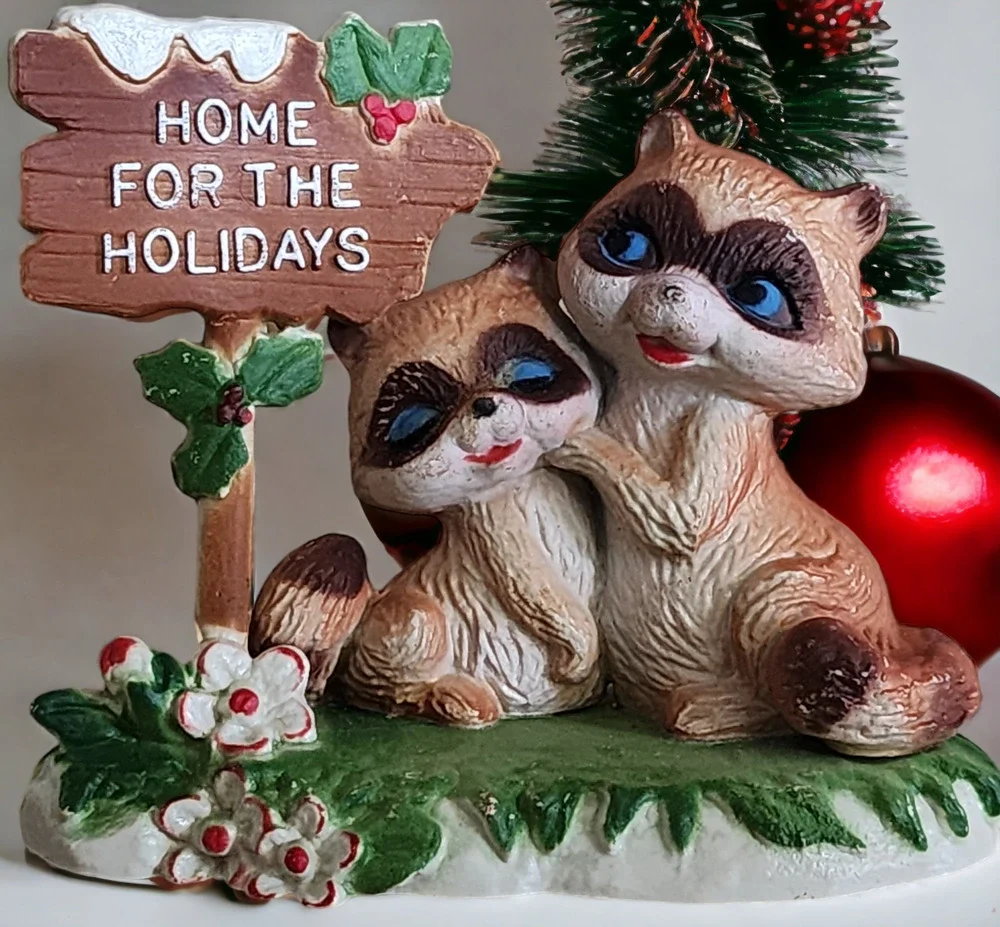 Vintage Home For The Holidays Raccoon Couple Plastic Figurine Hong Kong See Desc